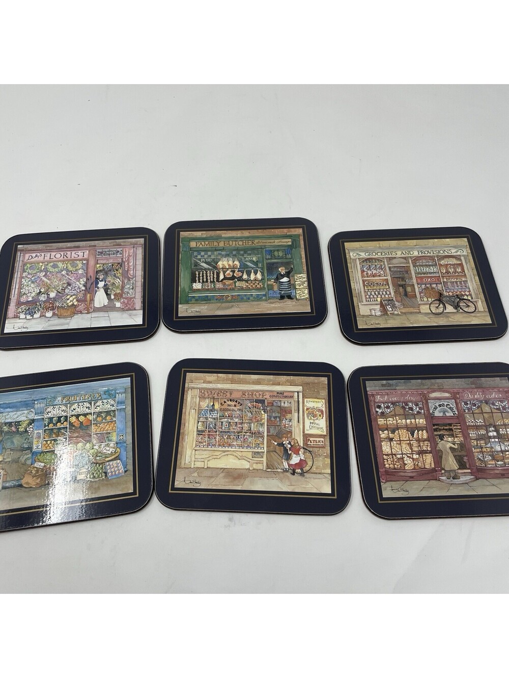 JASON COLLECTIBLES EDWARDIAN SHOPS RECTANGULAR CORK COASTERS SET 6  NIB